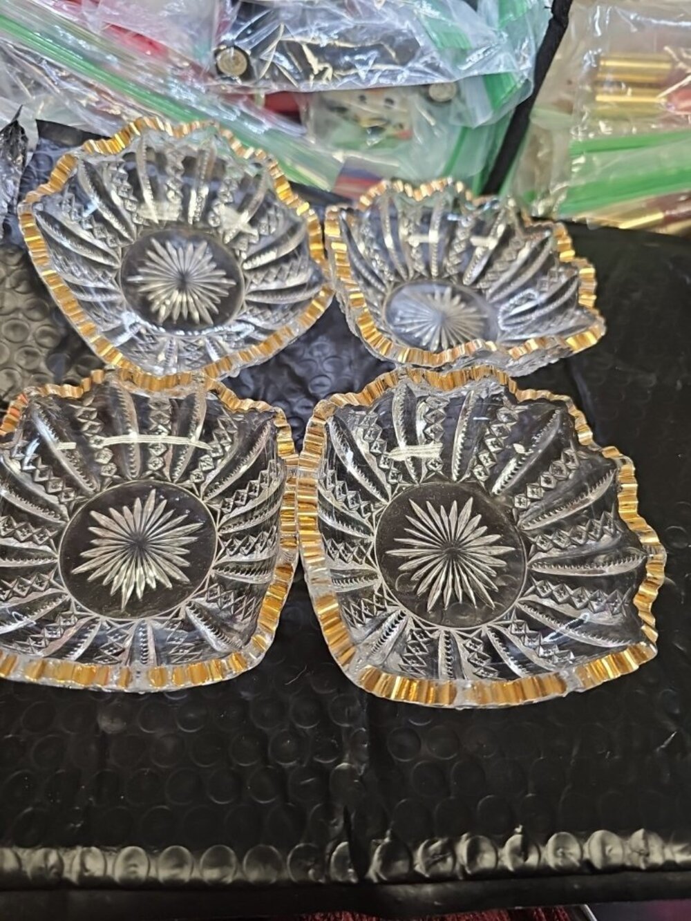 Pressed Glass Set Of 4 Small Bowls Gold Edging. Diamond Pattern